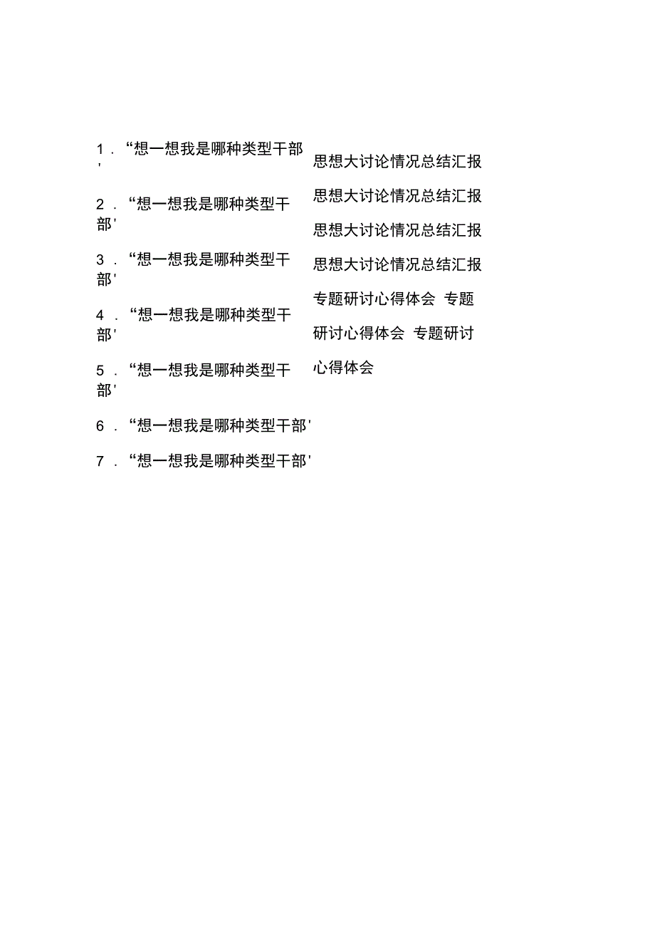 “想一想我是哪种类型干部”专题研讨、心得体会、思想大讨论情况总结汇报7篇.docx_第1页