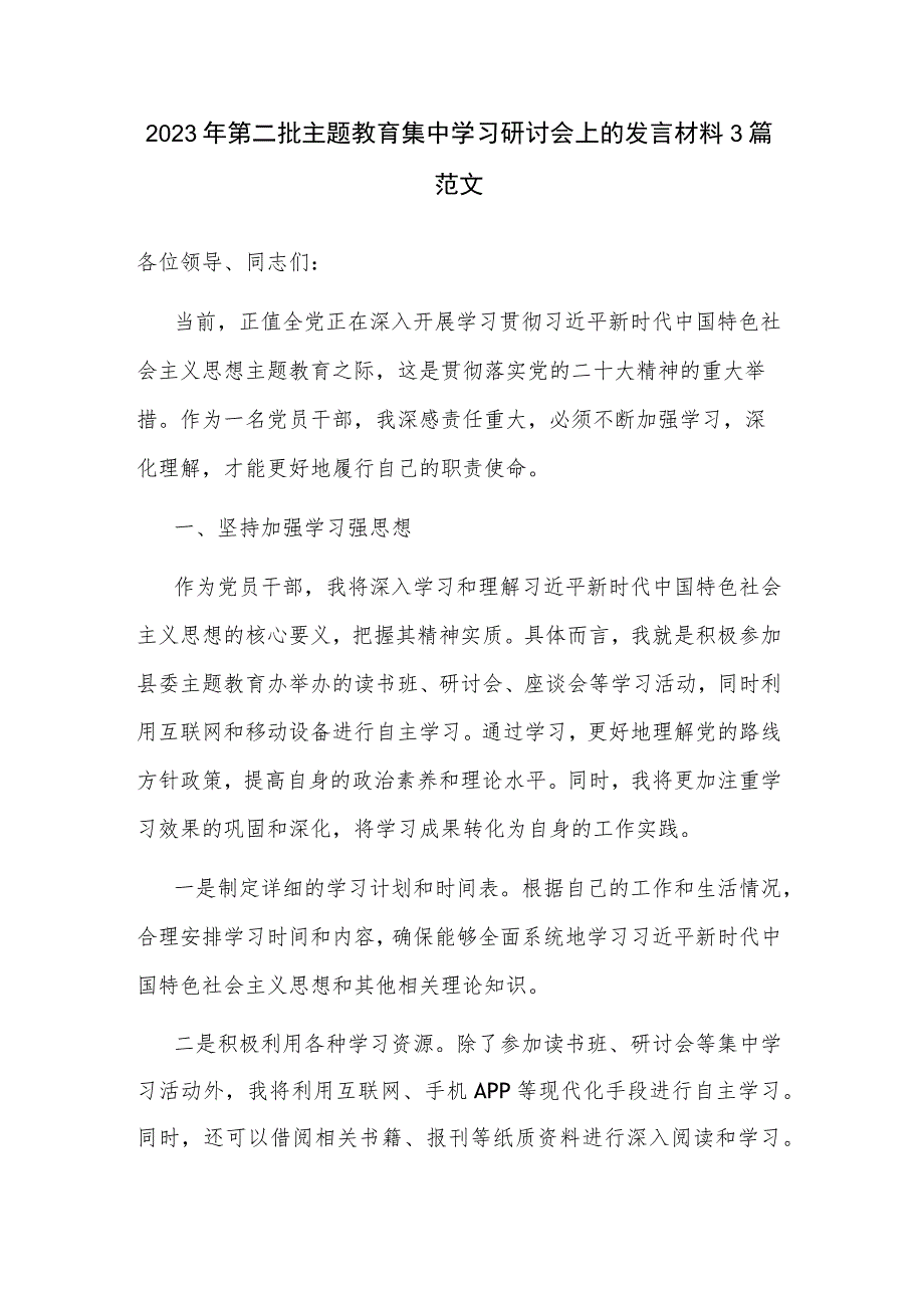 2023年第二批主题教育集中学习研讨会上的发言材料3篇范文.docx_第1页