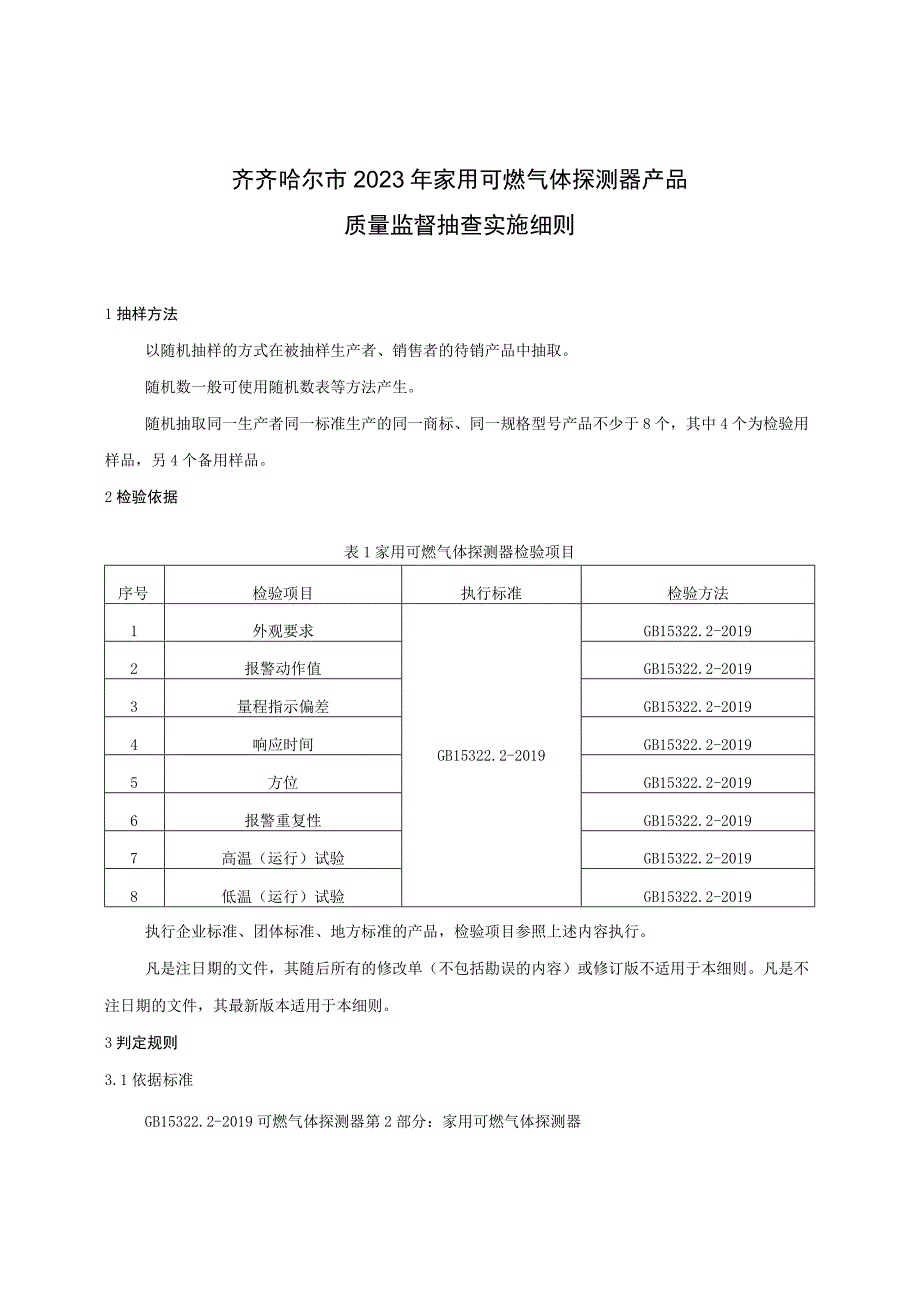 齐齐哈尔市2023年家用可燃气体探测器产品质量监督抽查实施细则.docx_第1页