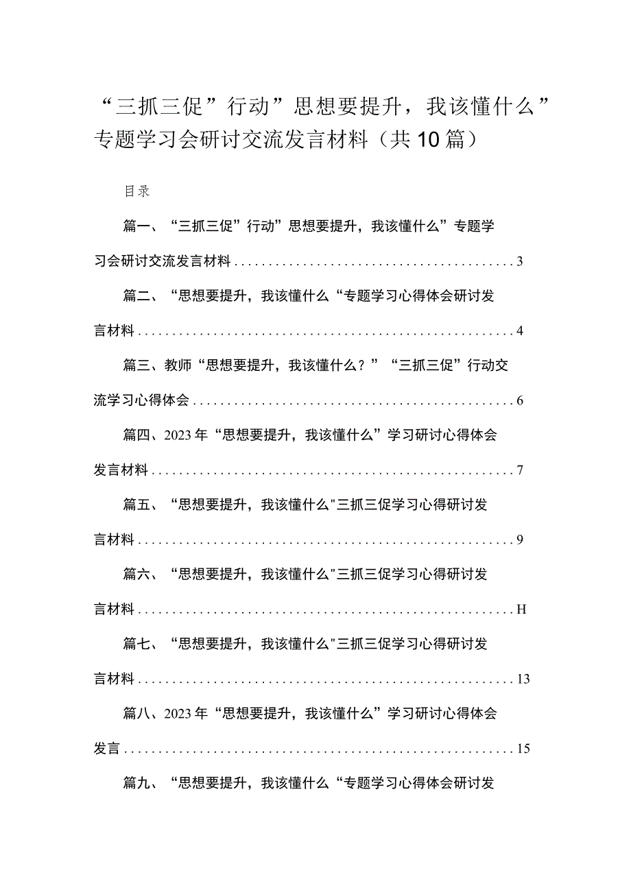 2023“三抓三促”行动”思想要提升我该懂什么”专题学习会研讨交流发言材料【10篇精选】供参考.docx_第1页