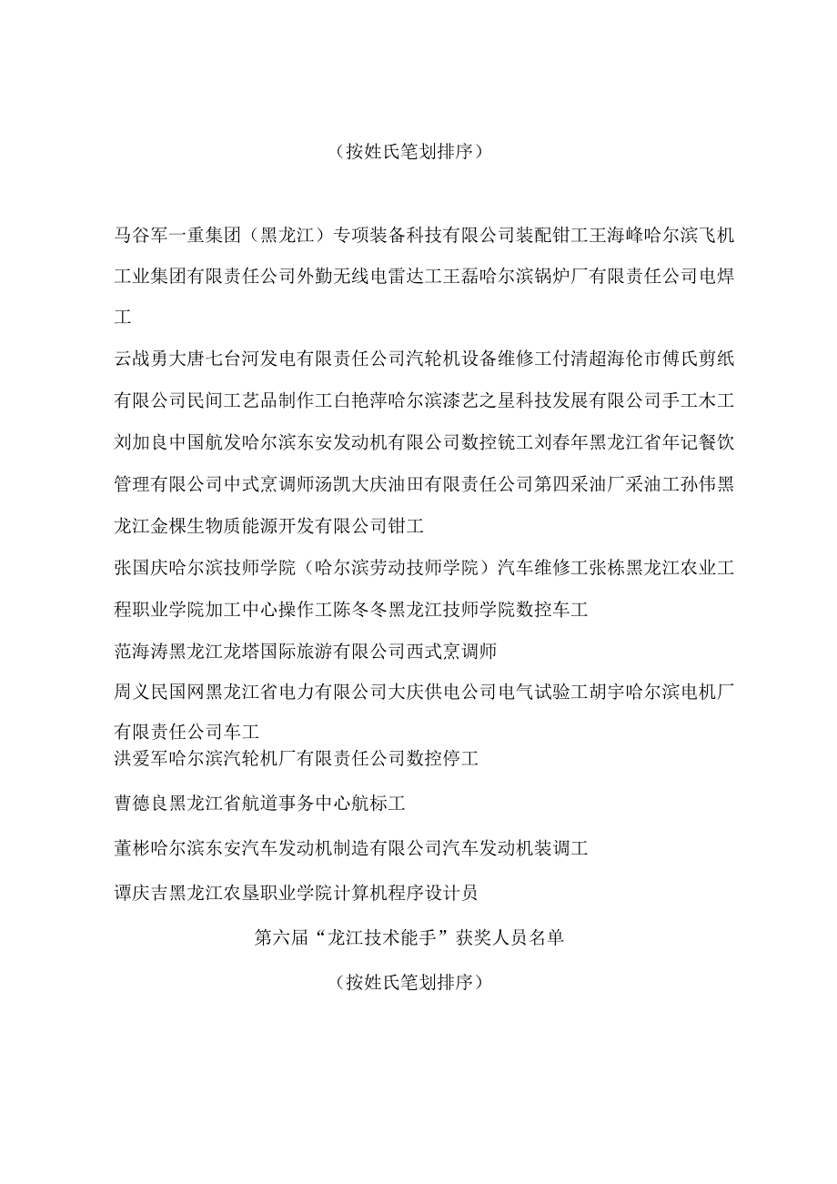 黑龙江省人民政府关于表彰第六届龙江大工匠和龙江技术能手获奖人员的决定.docx_第2页