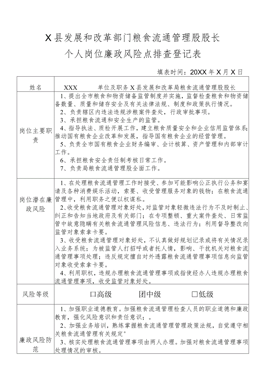 某县发展和改革部门粮食流通管理股股长个人岗位廉政风险点排查登记表.docx_第1页