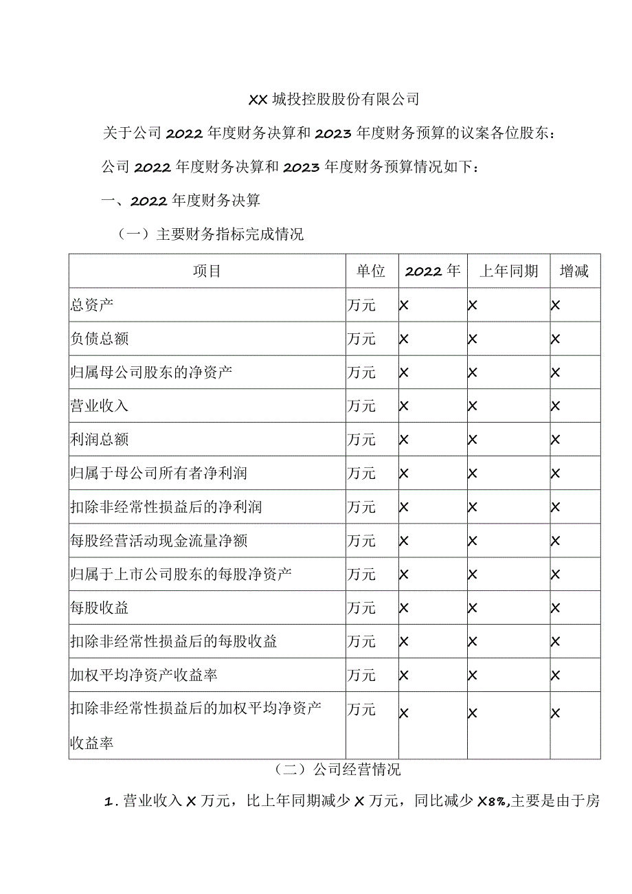 XX城投控股股份有限公司关于公司2022年度财务决算和2023年度财务预算的议案.docx_第1页