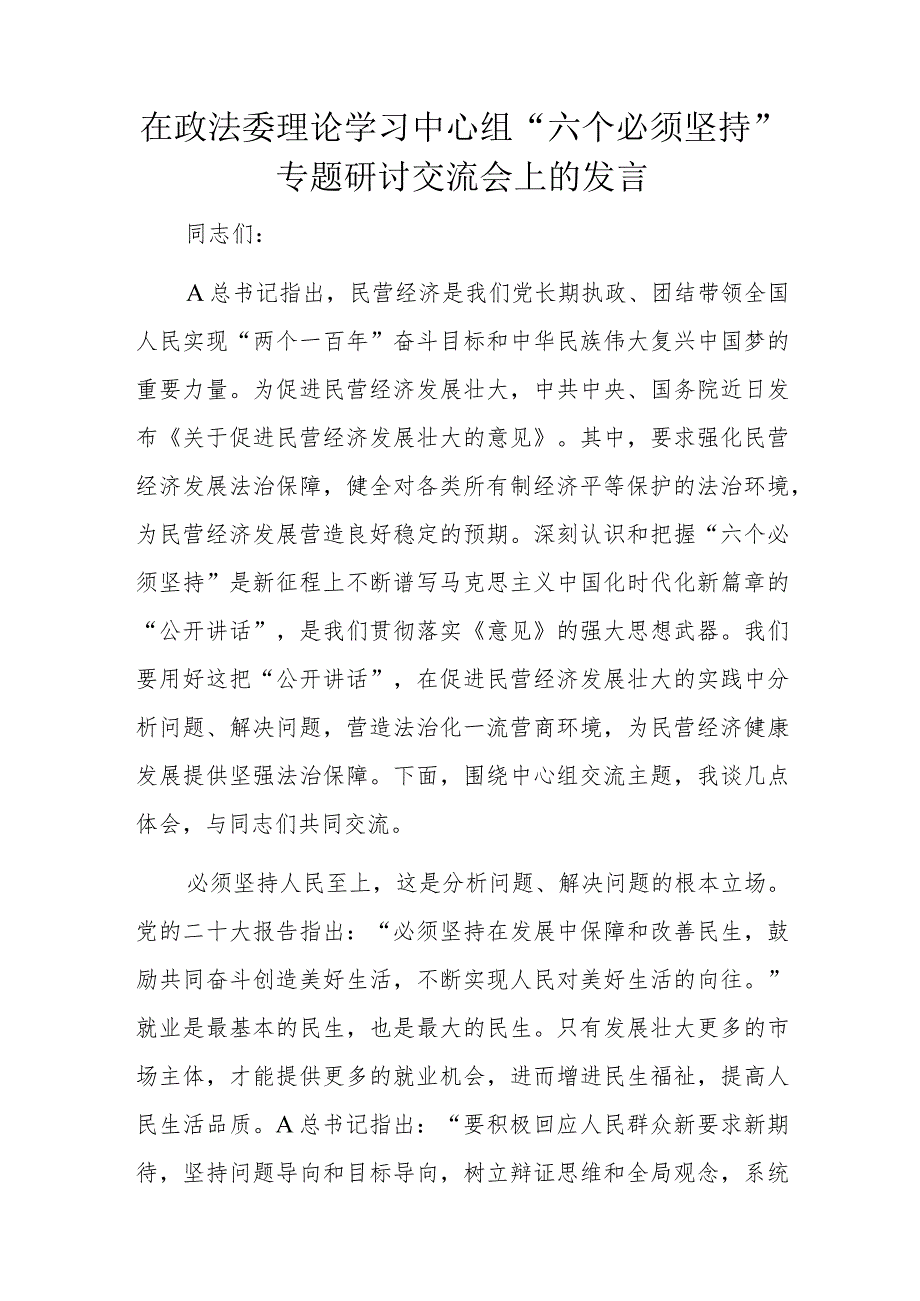 在政法委理论学习中心组“六个必须坚持”专题研讨交流会上的发言.docx_第1页