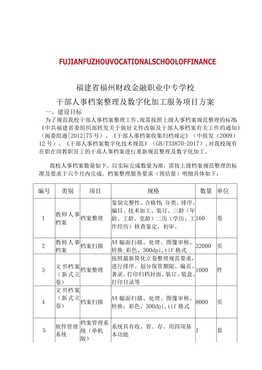 福建省福州财政金融职业中专学校干部人事档案整理及数字化加工服务项目方案.docx_第1页