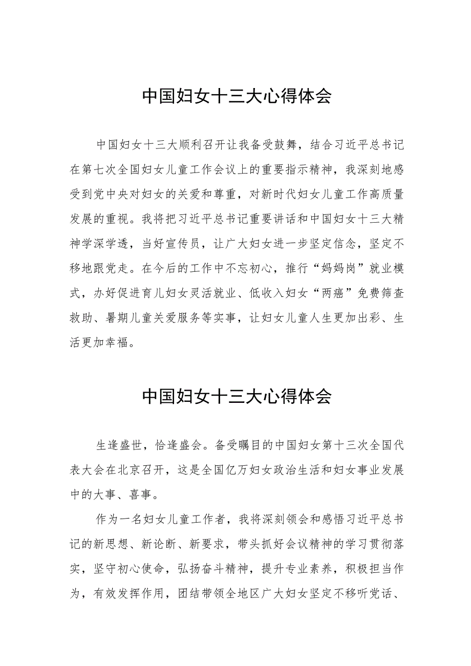 妇女干部学习中国妇女第十三次全国代表大会精神心得体会发言稿十六篇.docx_第1页