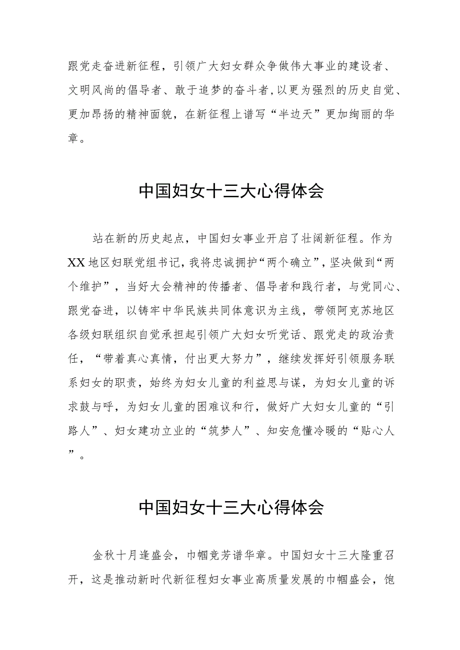 妇女干部学习中国妇女第十三次全国代表大会精神心得体会发言稿十六篇.docx_第2页