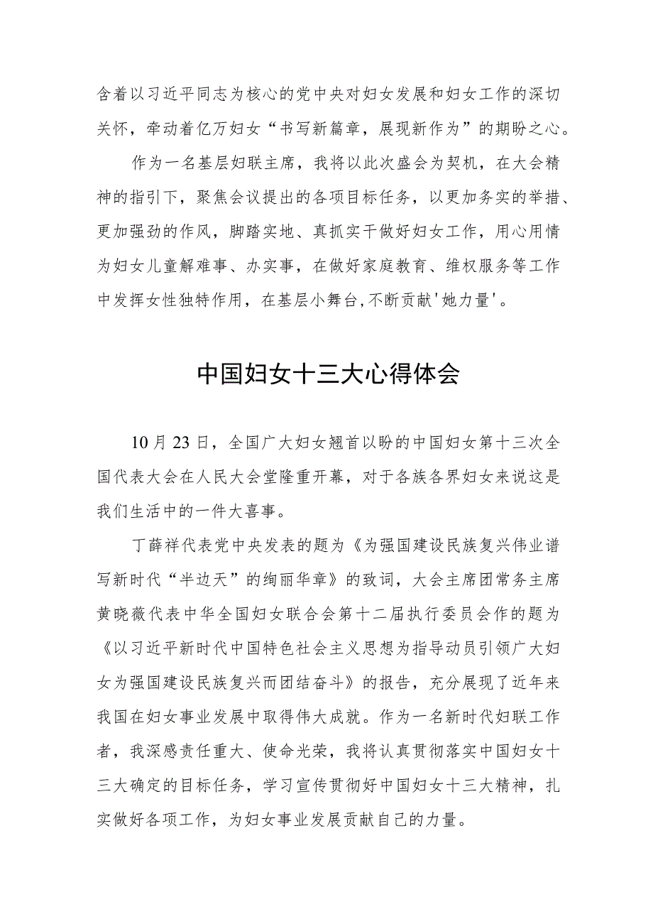 妇女干部学习中国妇女第十三次全国代表大会精神心得体会发言稿十六篇.docx_第3页