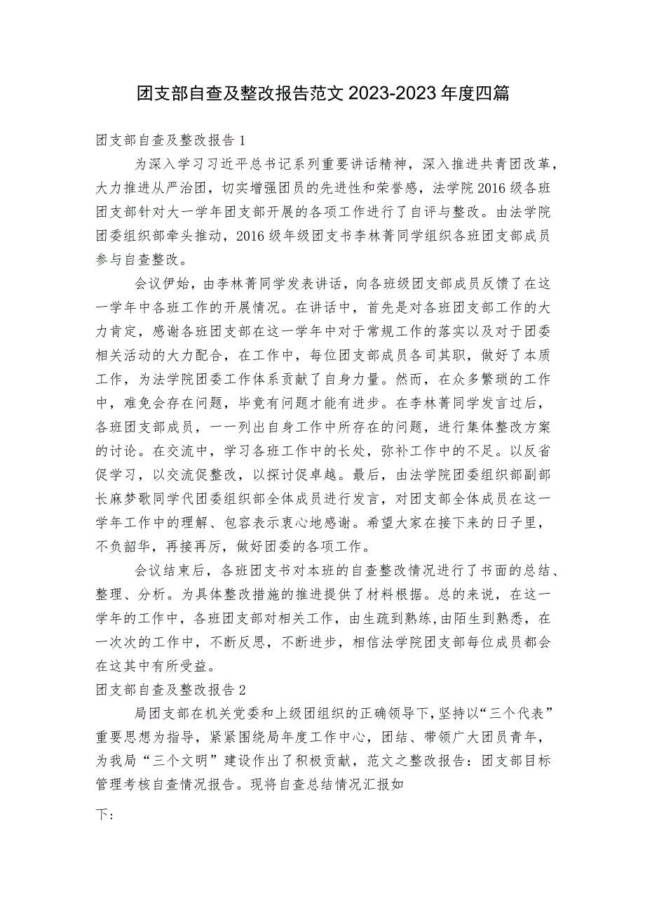 团支部自查及整改报告范文2023-2023年度四篇.docx_第1页