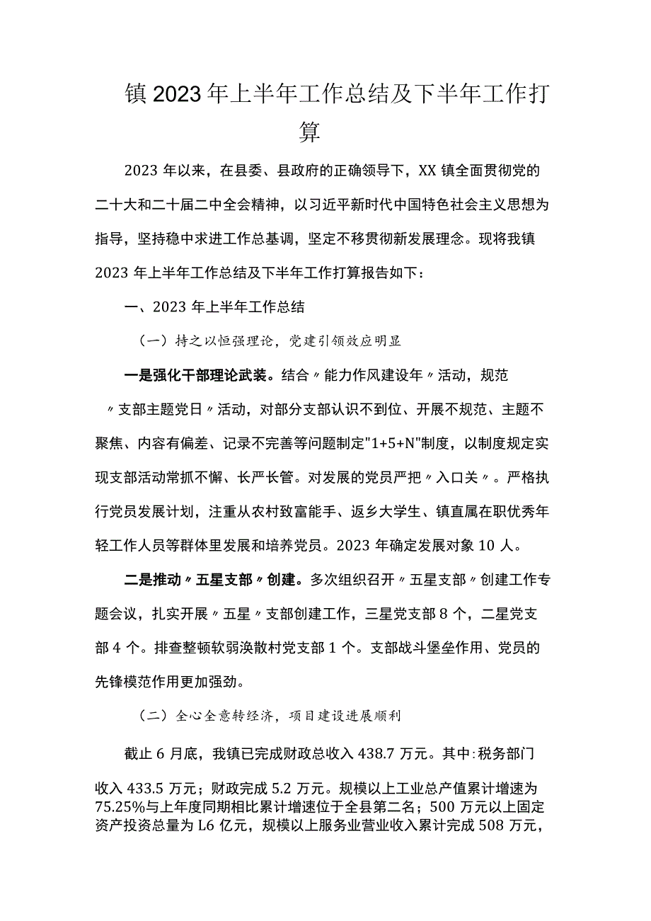 镇2023年上半年工作总结及下半年工作打算.docx_第1页