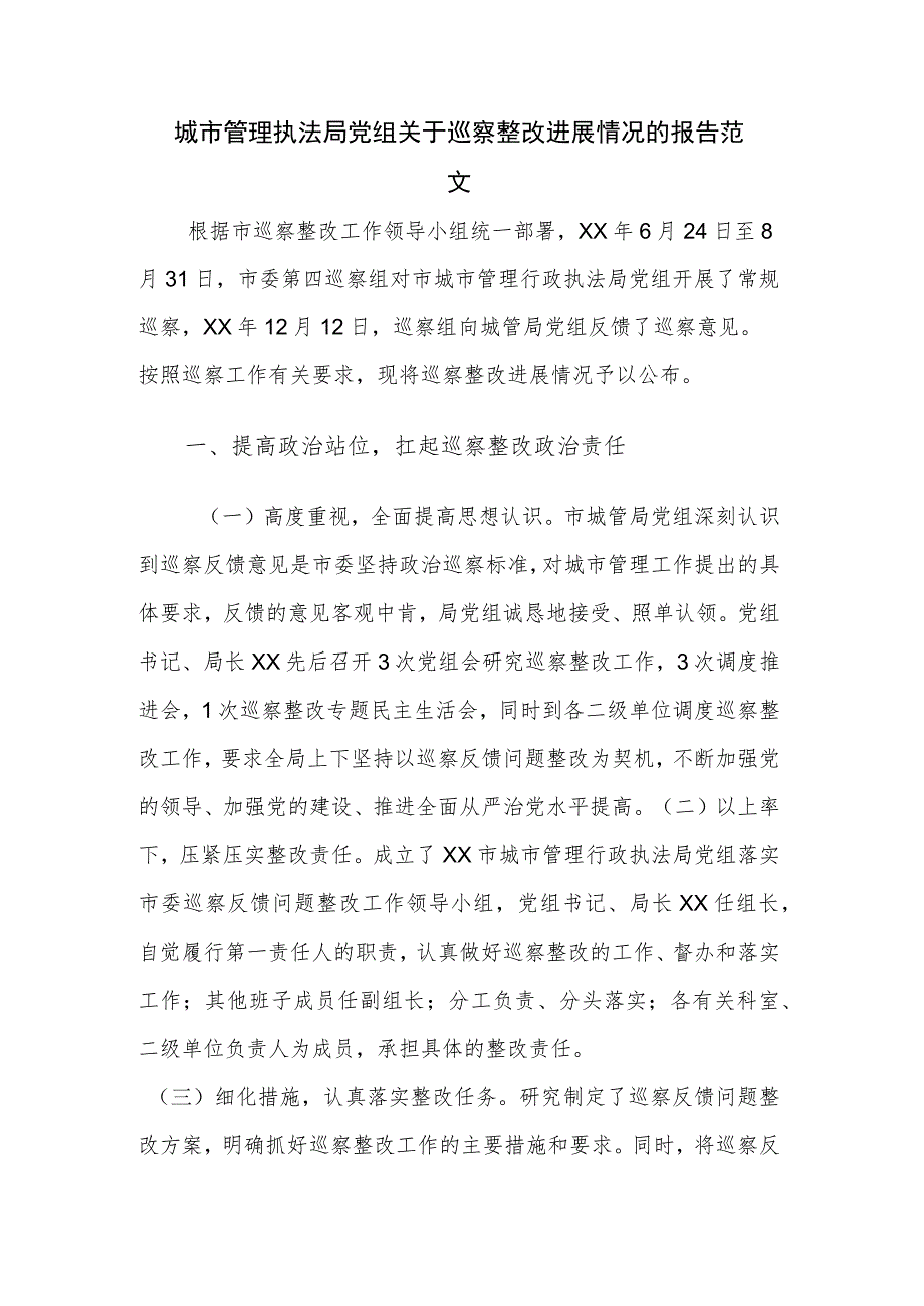 城市管理执法局党组关于巡察整改进展情况的报告范文.docx_第1页