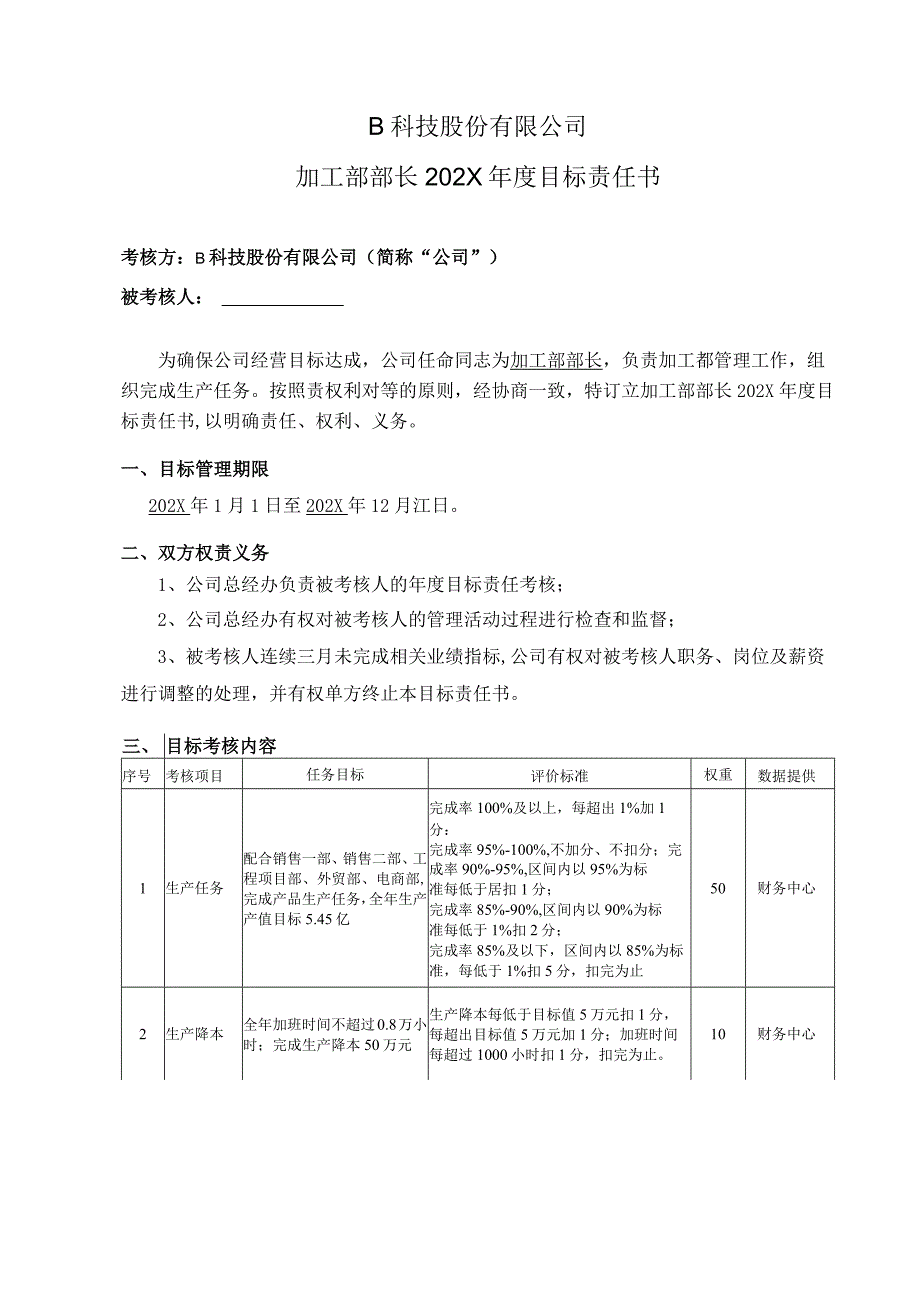 加工部部长年度目标责任书.docx_第1页