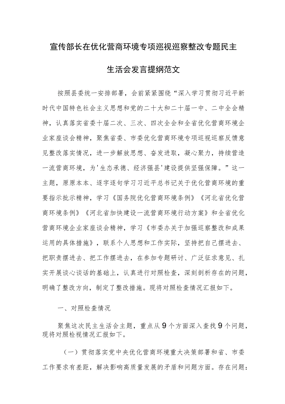 宣传部长在优化营商环境专项巡视巡察整改专题民主生活会发言提纲范文.docx_第1页