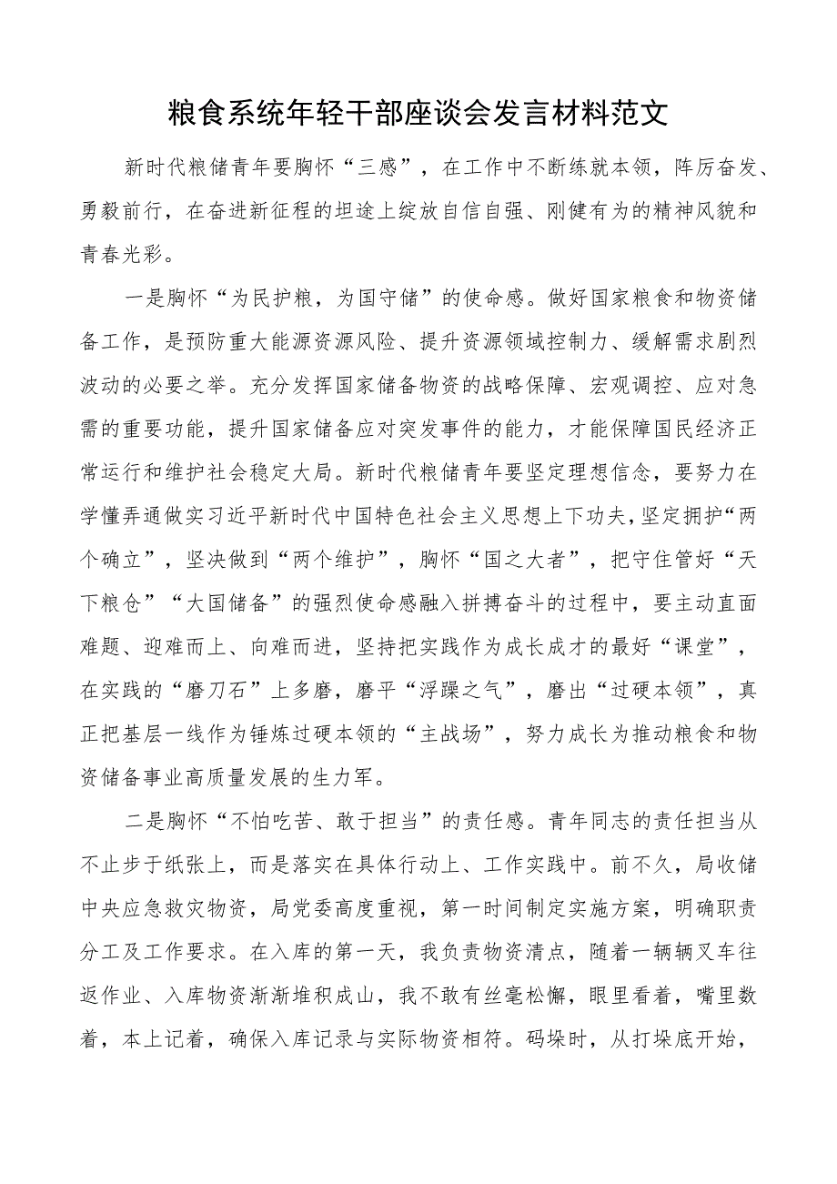 粮食系统年轻干部座谈会发言材料粮储青年.docx_第1页