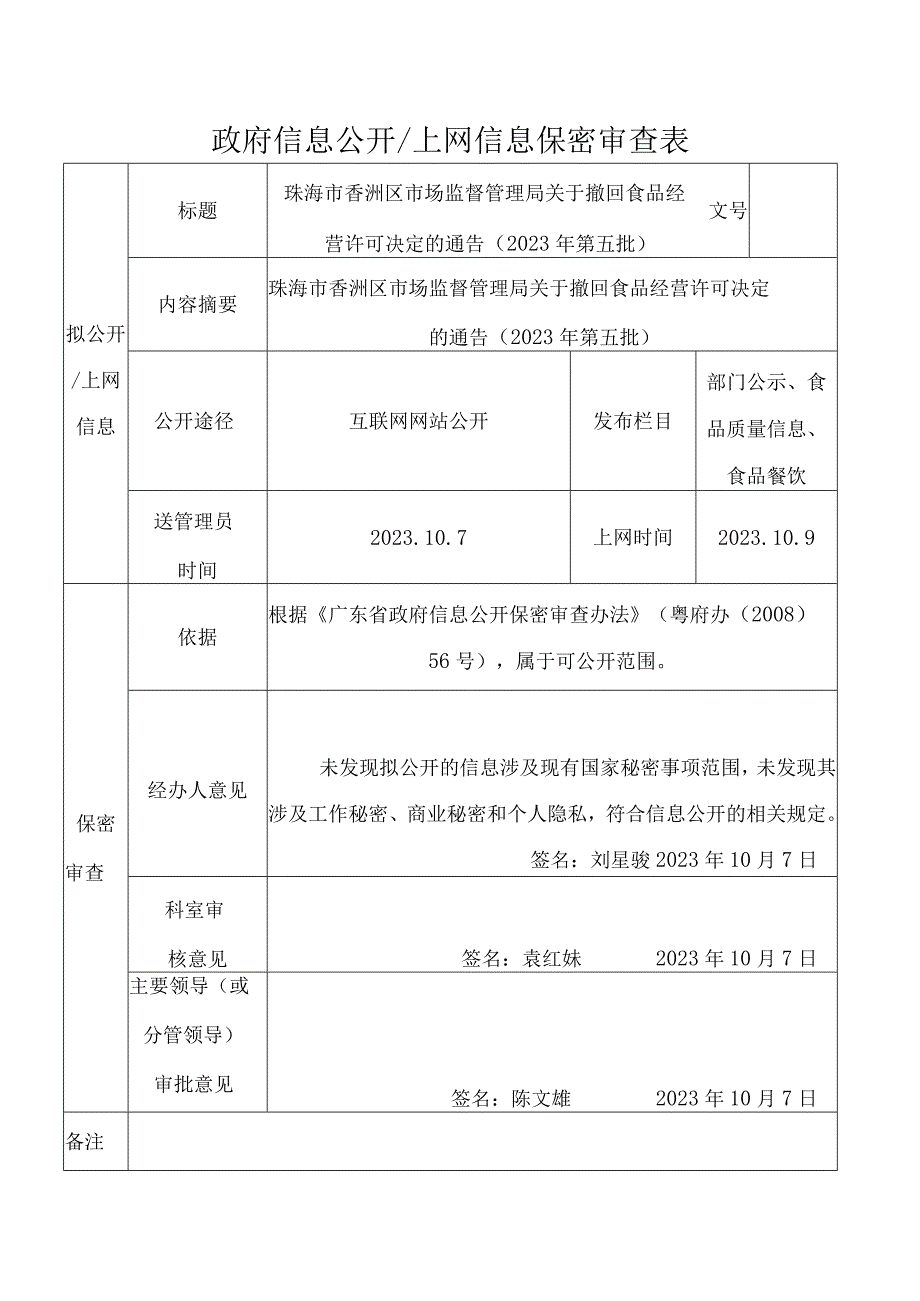 政府信息公开上网信息保密审查表.docx_第1页