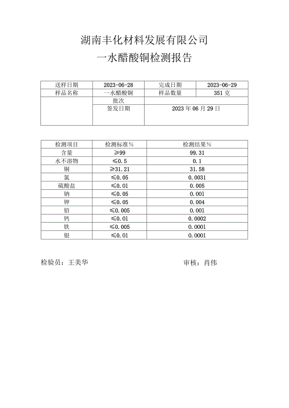 湖南丰化材料发展有限公司一水醋酸铜检测报告.docx_第1页