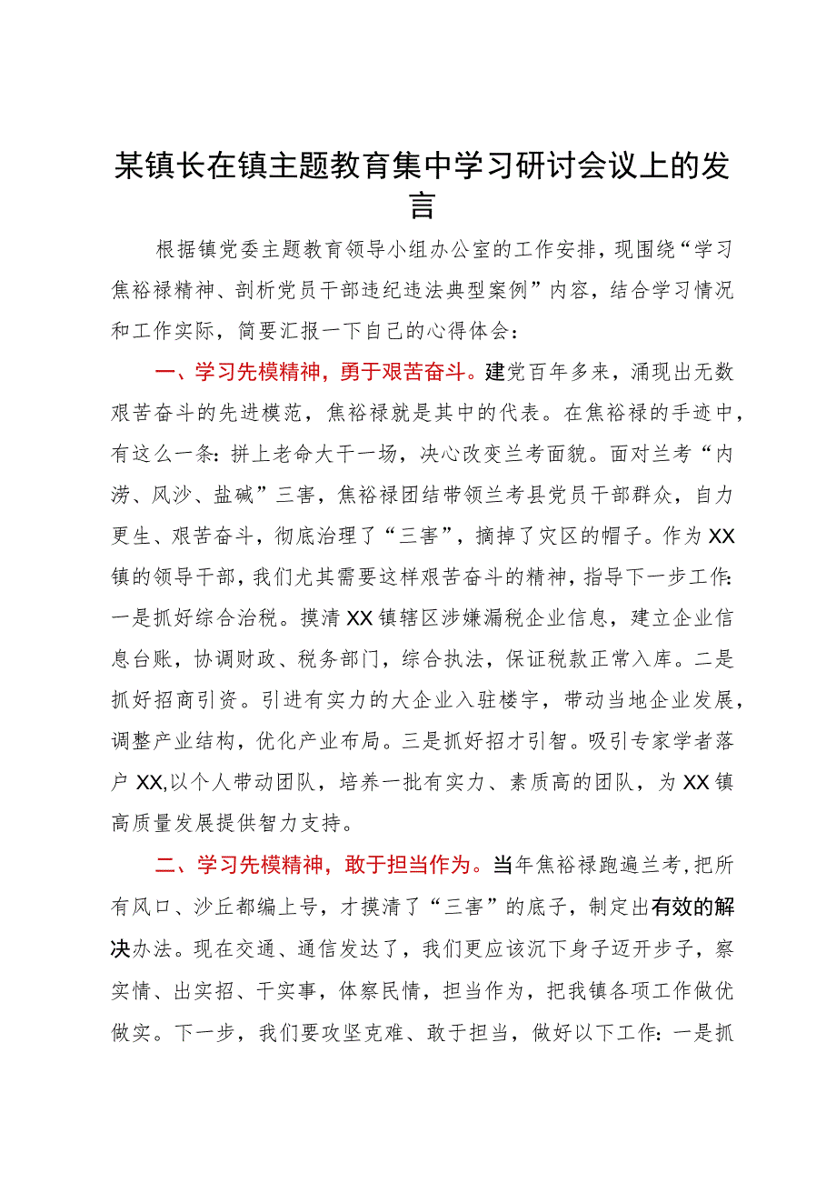 某镇长在镇主题教育集中学习研讨会议上的发言.docx_第1页