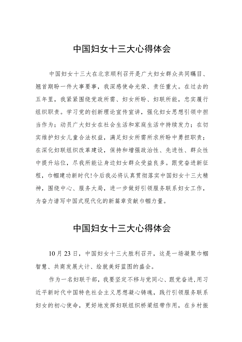 2023年关于中国妇女第十三次全国代表大会的心得体会八篇.docx_第1页