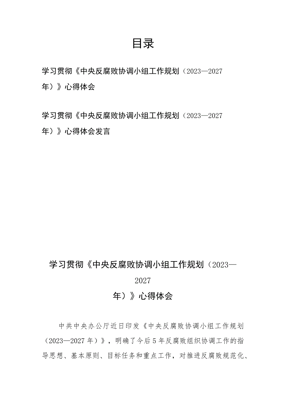 学习贯彻《中央反腐败协调小组工作规划（2023—2027年）》心得体会发言2篇.docx_第1页