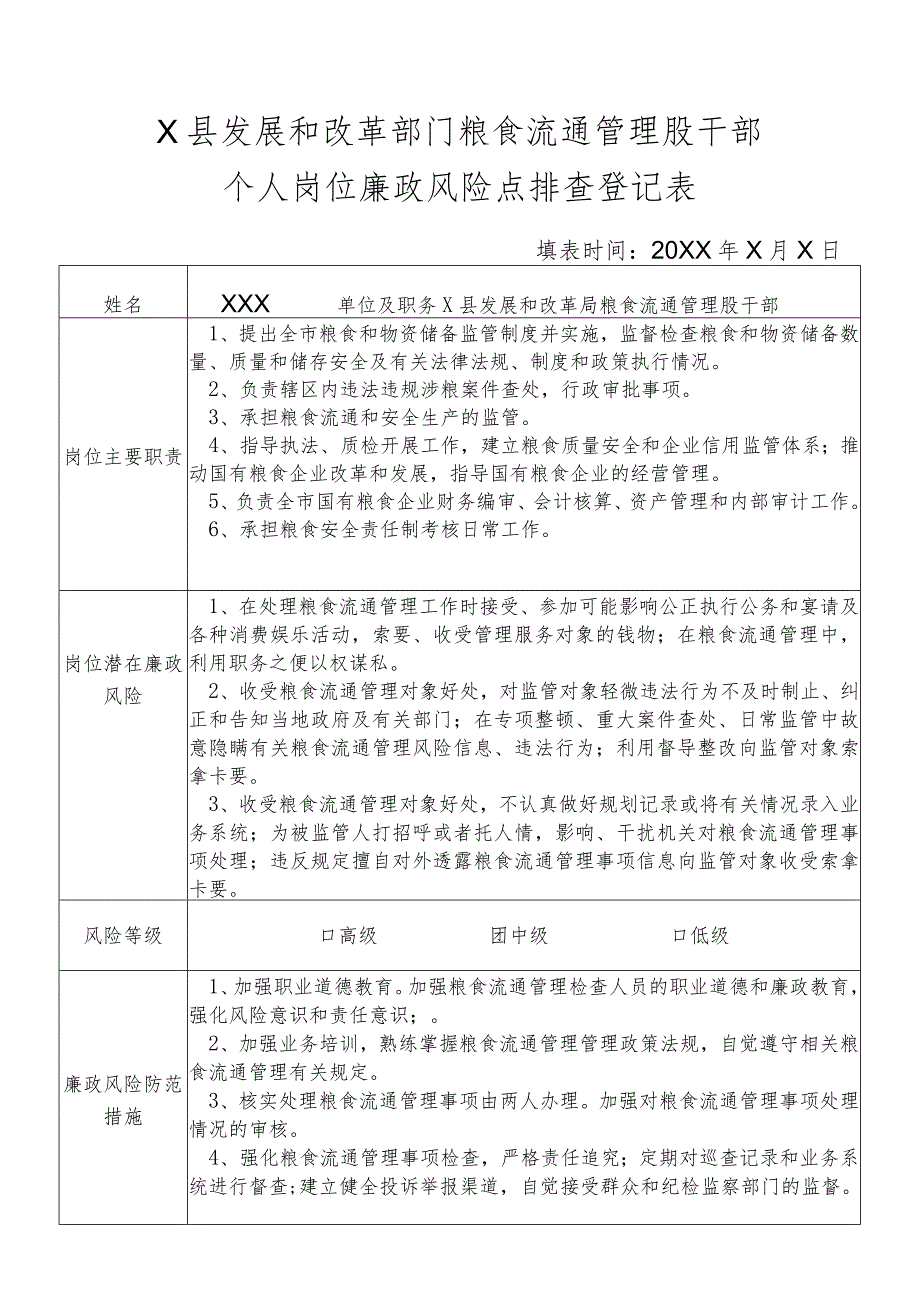 某县发展和改革部门粮食流通管理股干部个人岗位廉政风险点排查登记表.docx_第1页