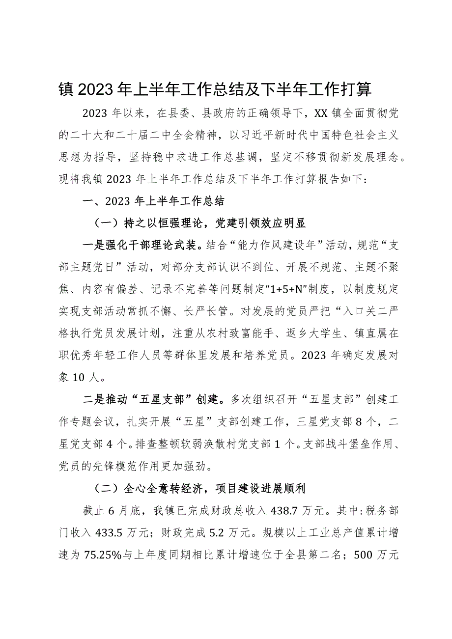 镇2023年上半年工作总结及下半年工作打算.docx_第1页