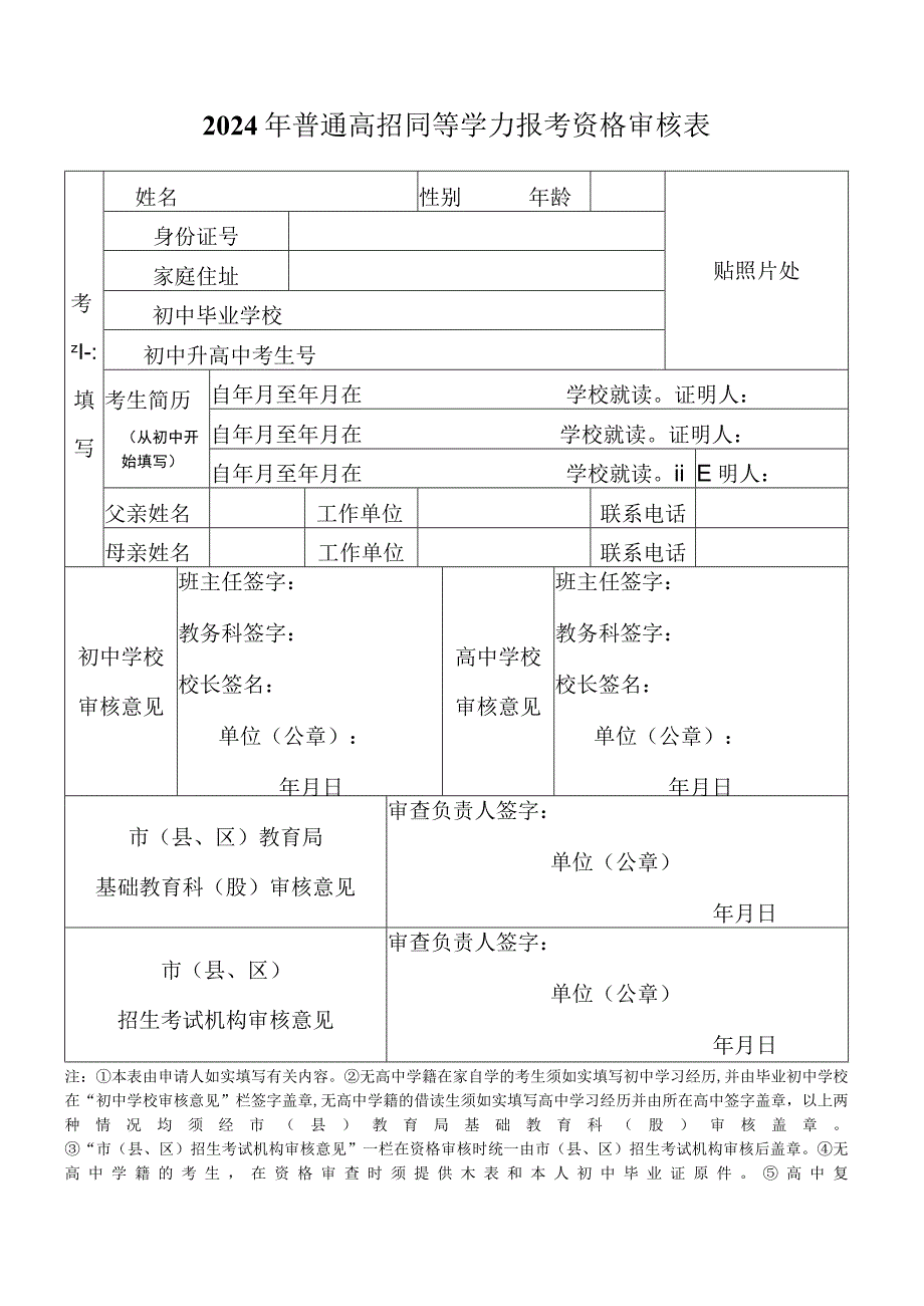 河南许昌2024年普通高校招生同等学力报考资格审核表.docx_第1页