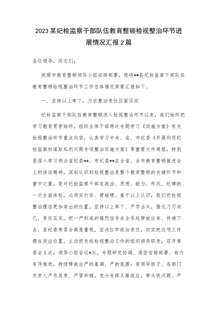 2023某纪检监察干部队伍教育整顿检视整治环节进展情况汇报2篇.docx_第1页