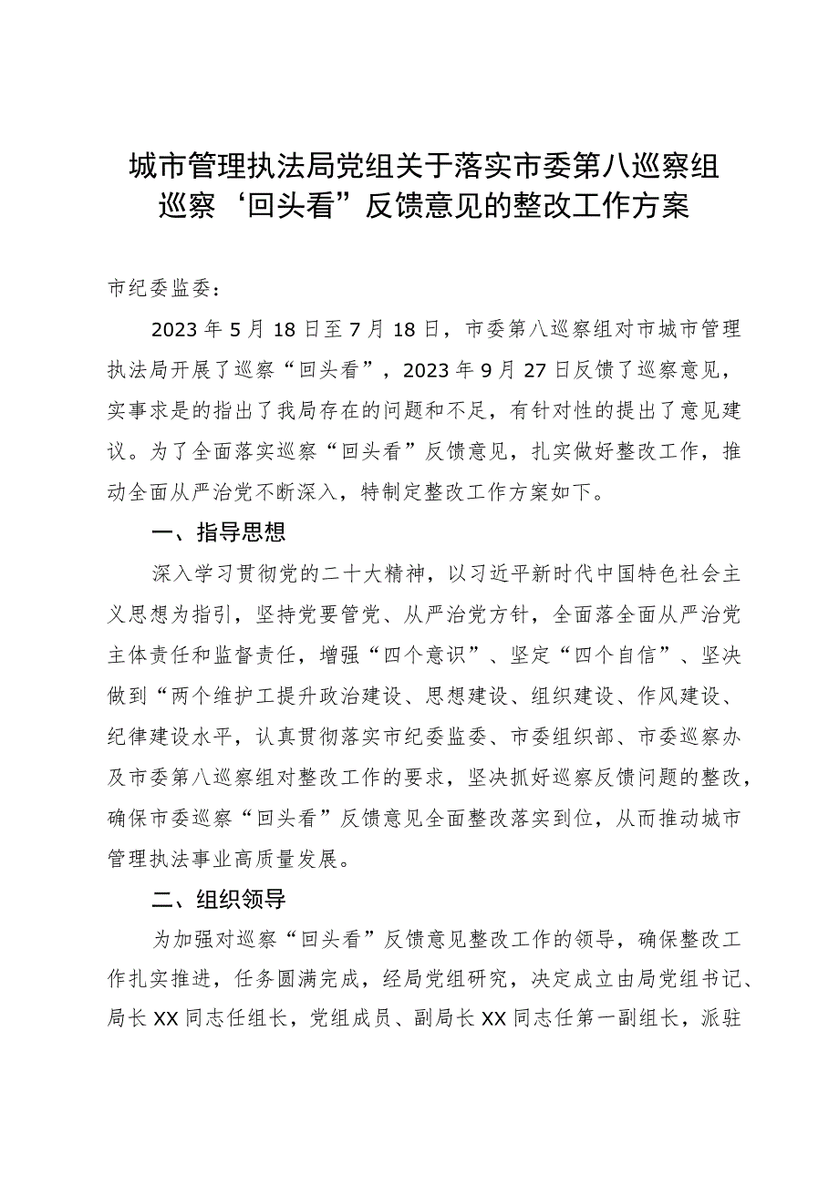 城市管理执法局党组落实市委巡察组巡察“回头看”反馈意见的整改工作方案.docx_第1页