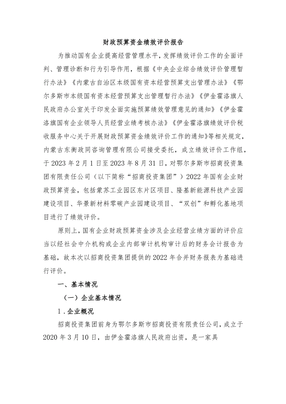 鄂尔多斯市招商投资集团有限责任公司财政预算资金绩效评价报告.docx_第2页