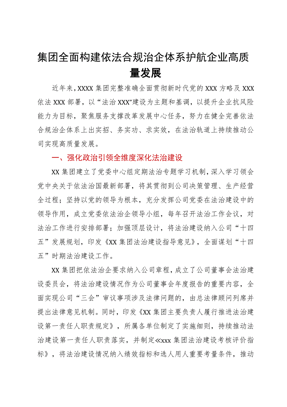 集团全面构建依法合规治企体系护航企业高质量发展情况汇报.docx_第1页