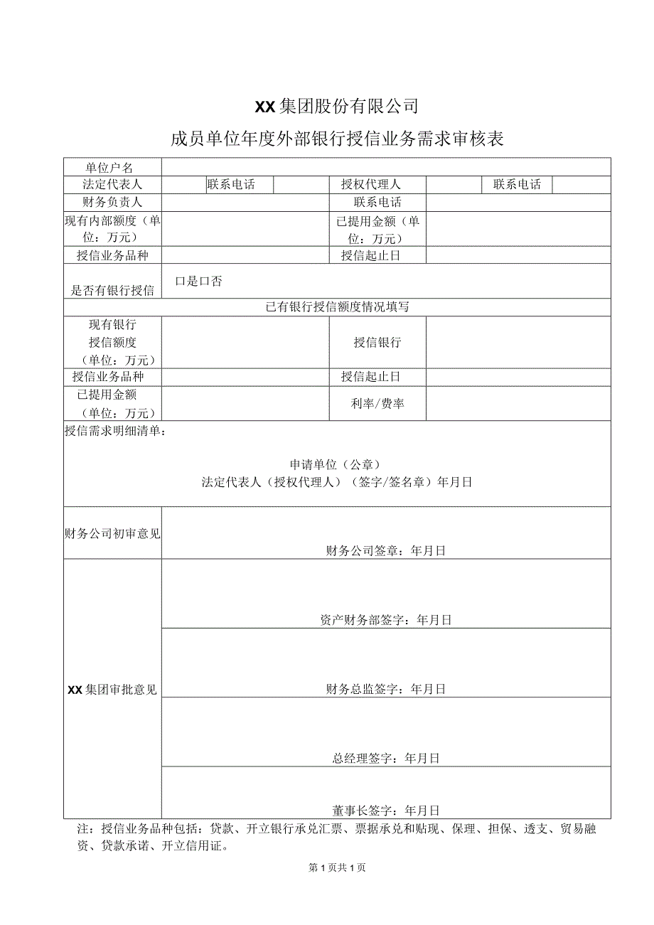 XX集团股份有限公司成员单位年度外部银行授信业务需求审核表(2023年).docx_第1页