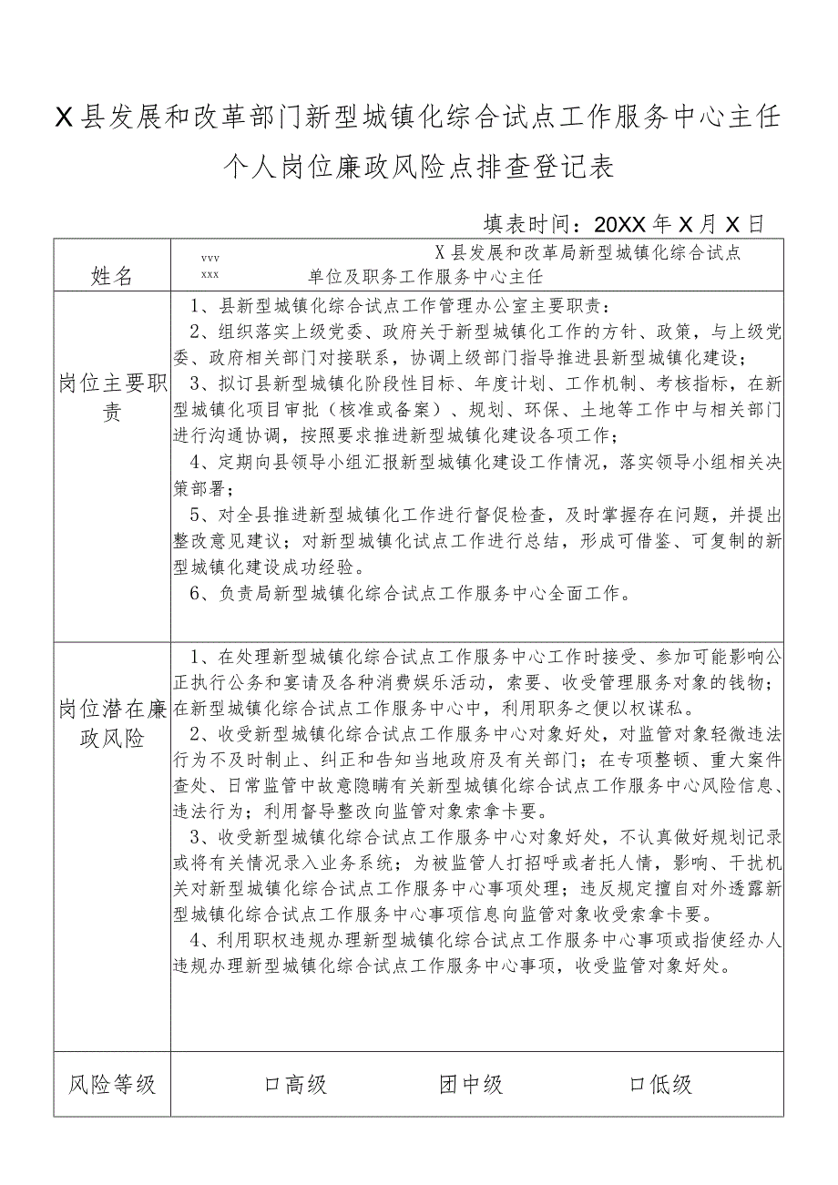 某县发展和改革部门新型城镇化综合试点工作服务中心主任任个人岗位廉政风险点排查登记表.docx_第1页