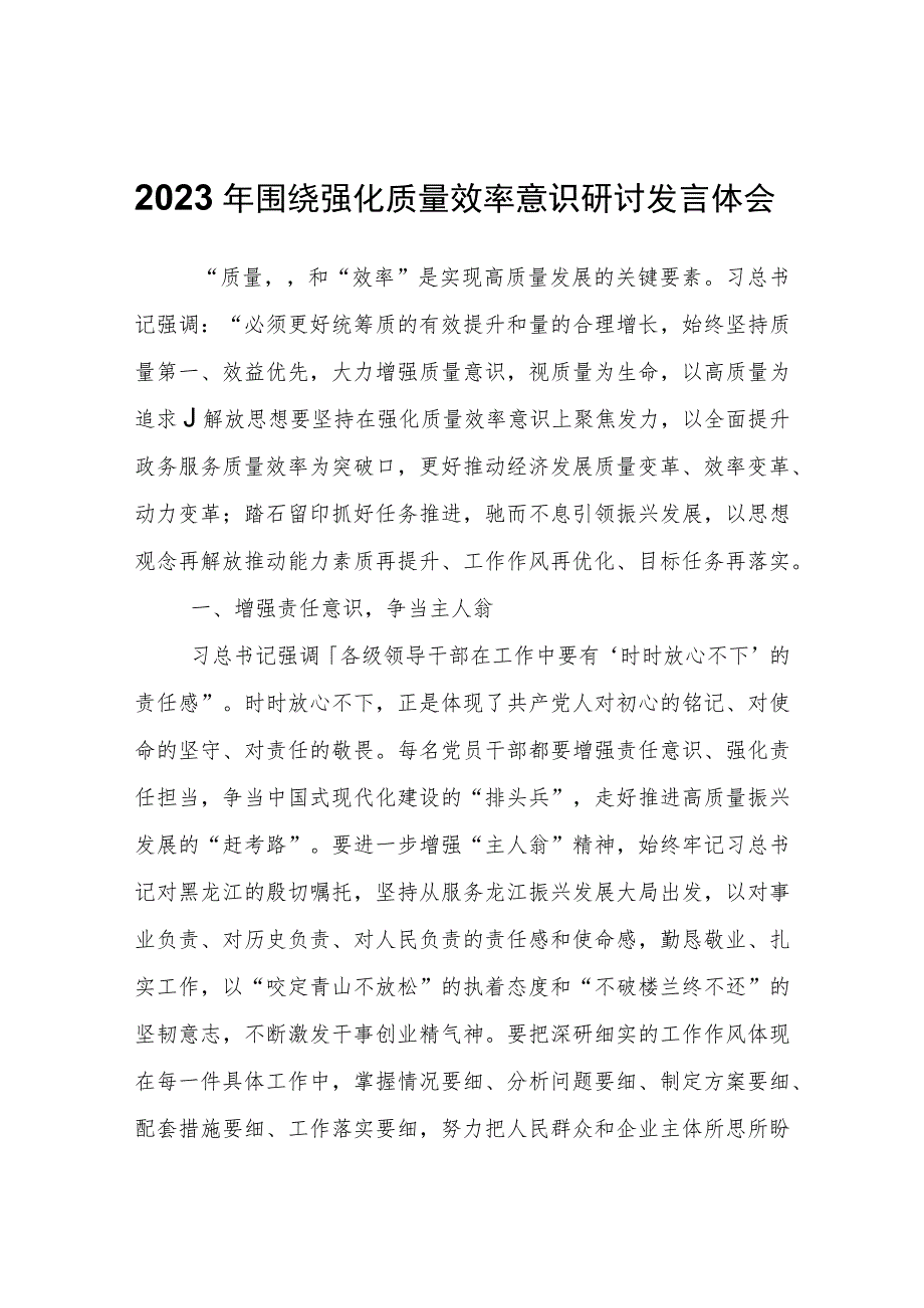 2023年围绕强化质量效率意识研讨发言体会心得体会.docx_第1页