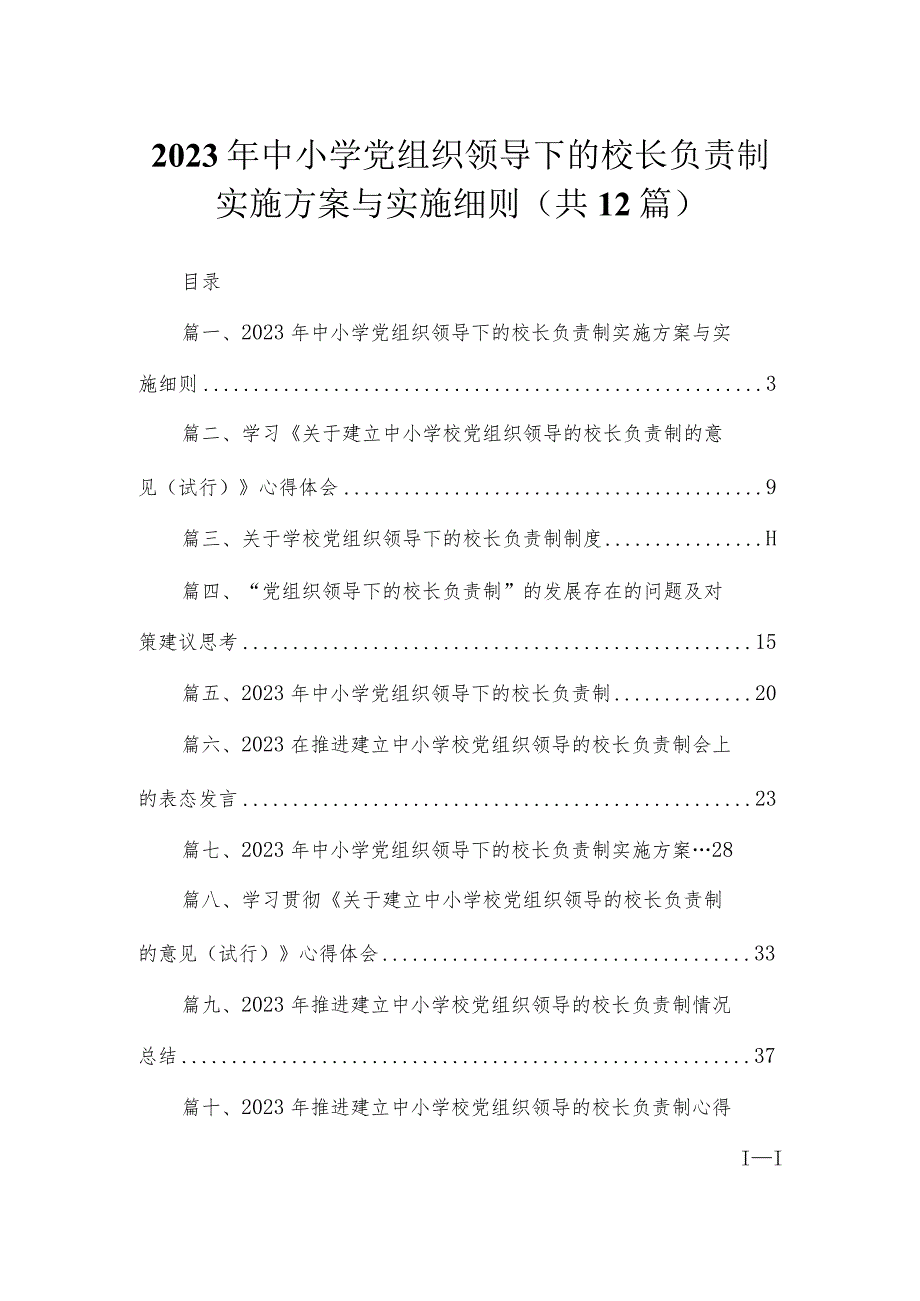 2023年中小学党组织领导下的校长负责制实施方案与实施细则12篇(最新精选).docx_第1页