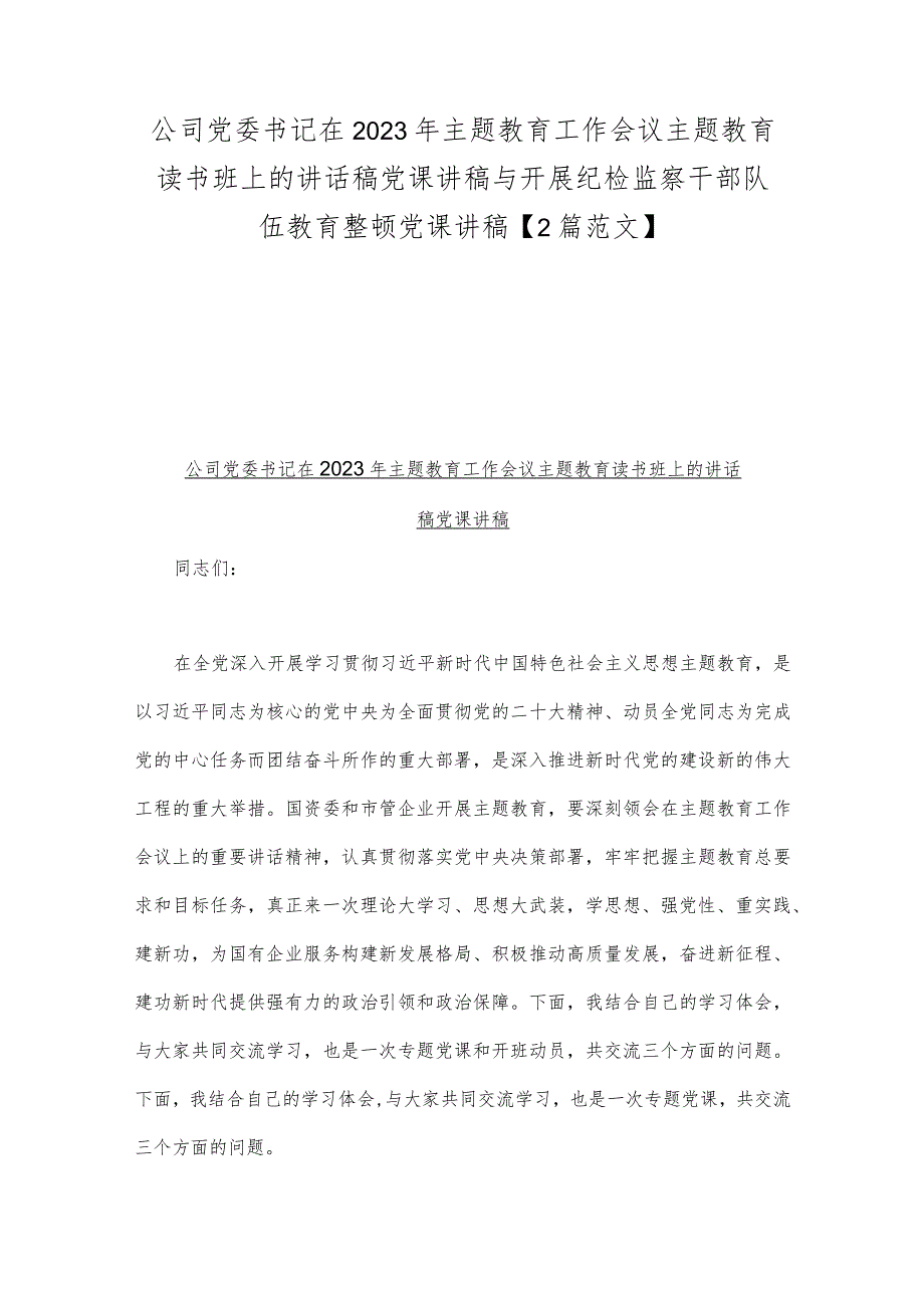 公司党委书记在2023年主题教育工作会议主题教育读书班上的讲话稿党课讲稿与开展纪检监察干部队伍教育整顿党课讲稿【2篇范文】.docx_第1页