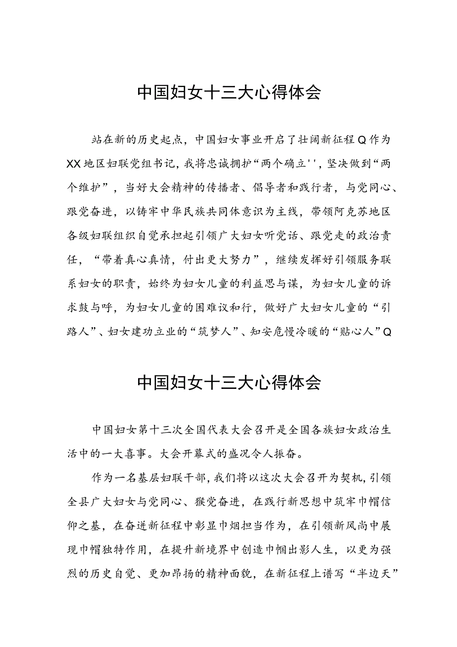 妇联学习中国妇女第十三次全国代表大会精神的心得体会十七篇.docx_第1页