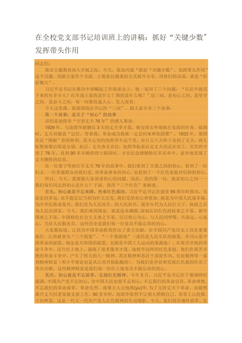 在全校党支部书记培训班上的讲稿：抓好“关键少数”发挥带头作用.docx_第1页