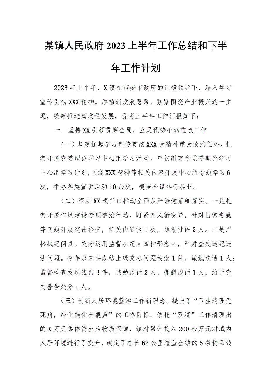 某镇人民政府2023上半年工作总结和下半年工作计划.docx_第1页