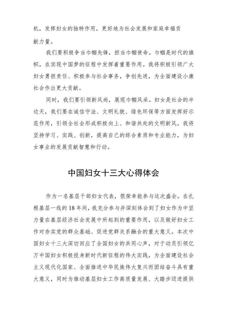 2023年妇女干部学习中国妇女第十三次全国代表大会精神的心得感悟（十一篇）.docx_第2页