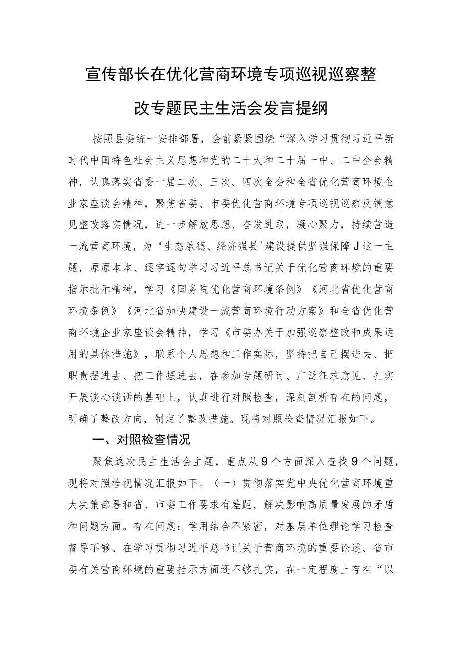 宣传部长在优化营商环境专项巡视巡察整改专题民主生活会发言提纲.docx_第1页