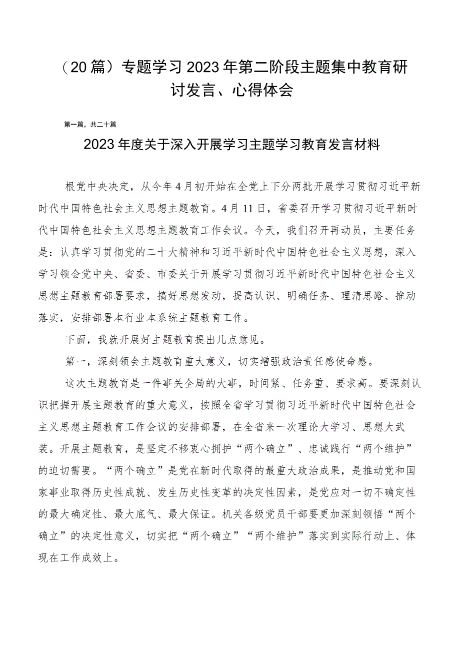 （20篇）专题学习2023年第二阶段主题集中教育研讨发言、心得体会.docx_第1页