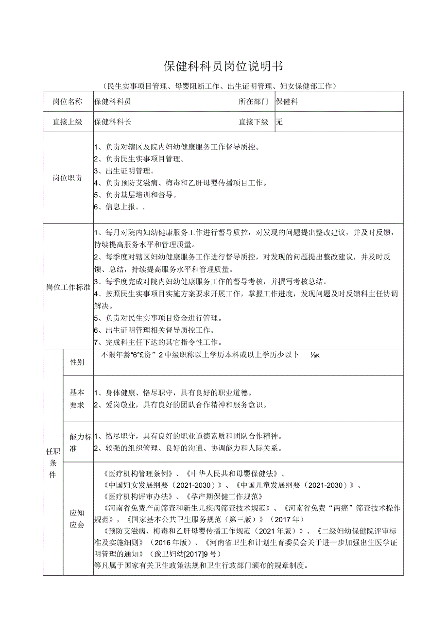 保健科科员岗位说明书二.docx_第1页