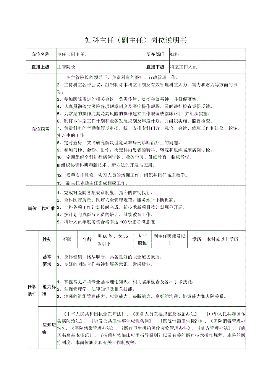 妇科主任（副主任）岗位说明书.docx_第1页