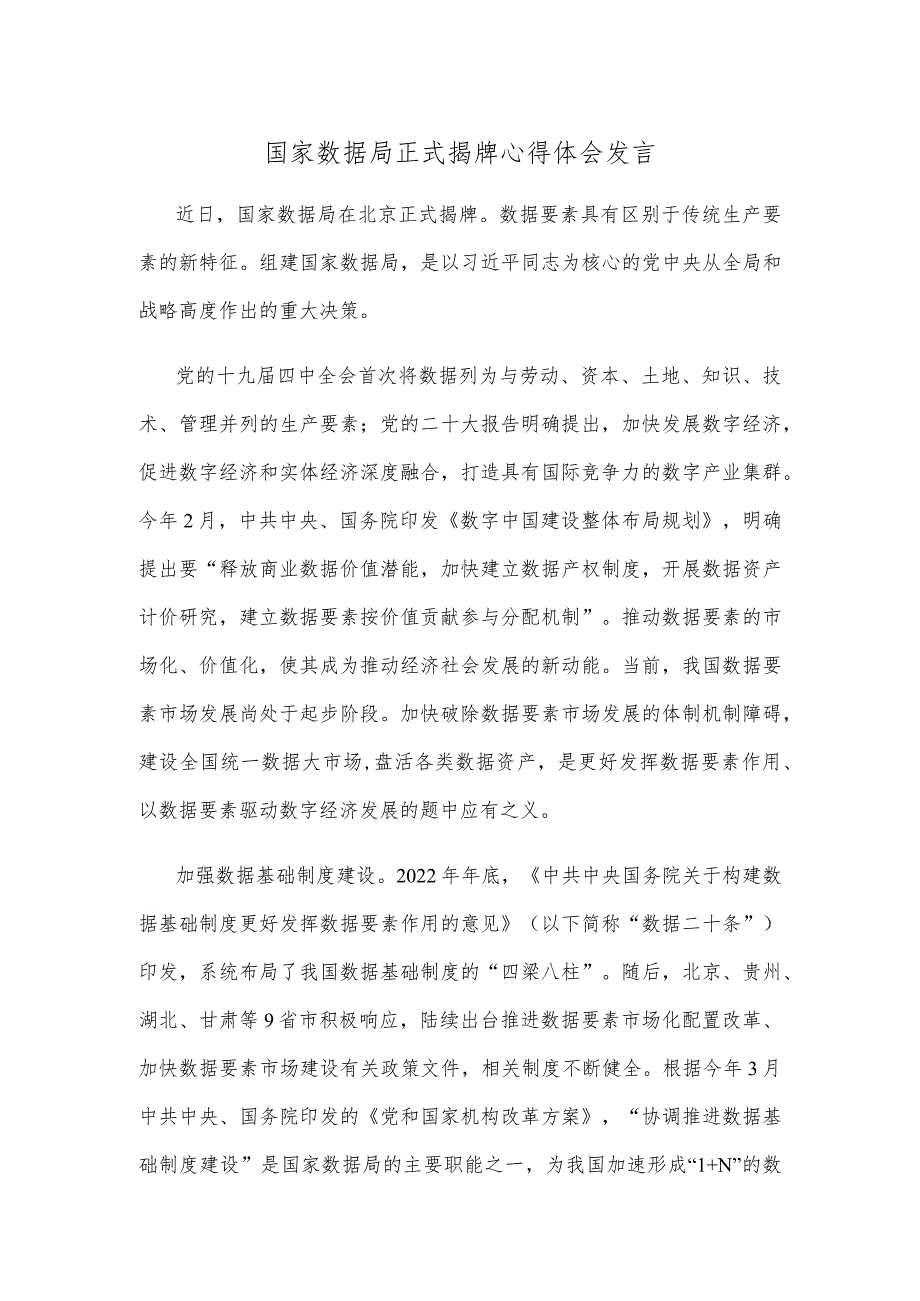 国家数据局正式揭牌心得体会发言.docx_第1页