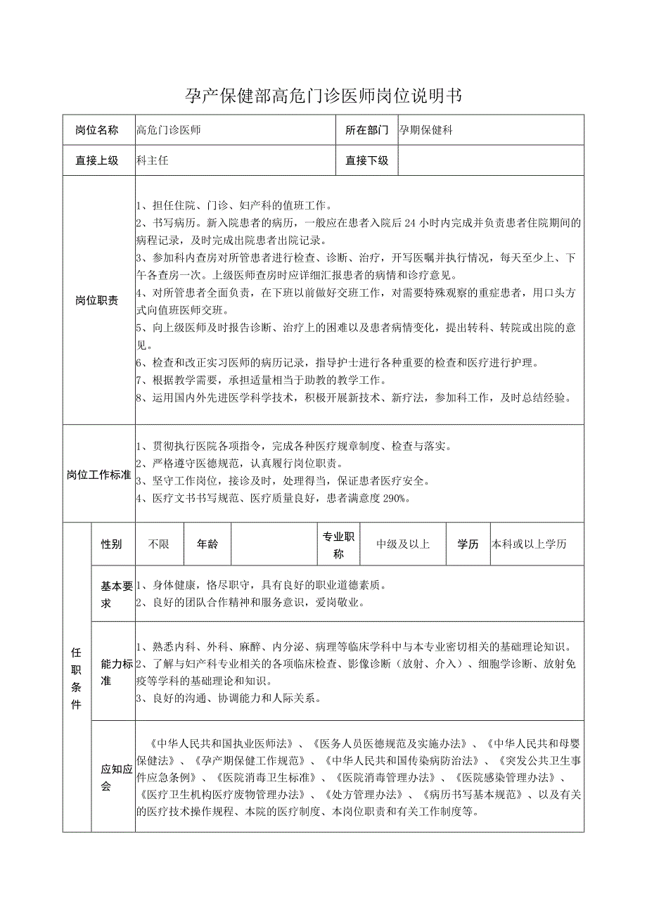 孕产保健部高危门诊医师岗位说明书.docx_第1页