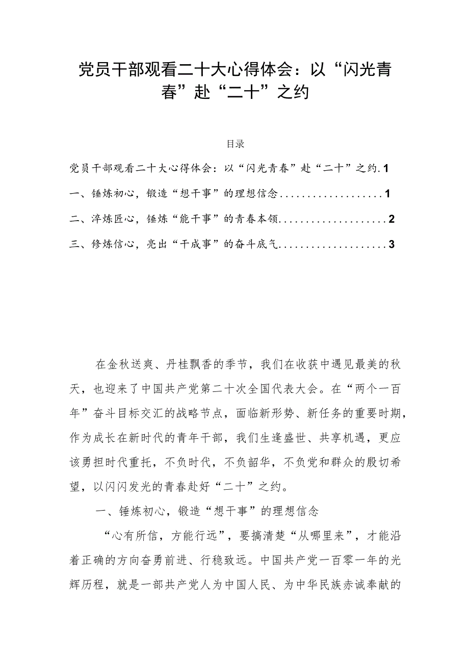 党员干部观看二十大心得体会：以“闪光青春”赴“二十”之约.docx_第1页