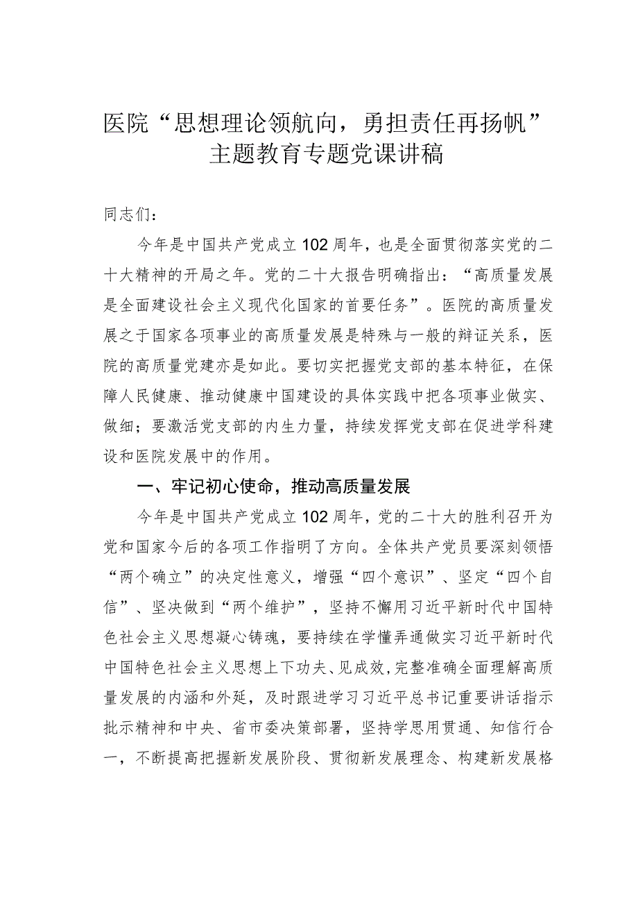 医院“思想理论领航向勇担责任再扬帆”主题教育专题党课讲稿.docx_第1页