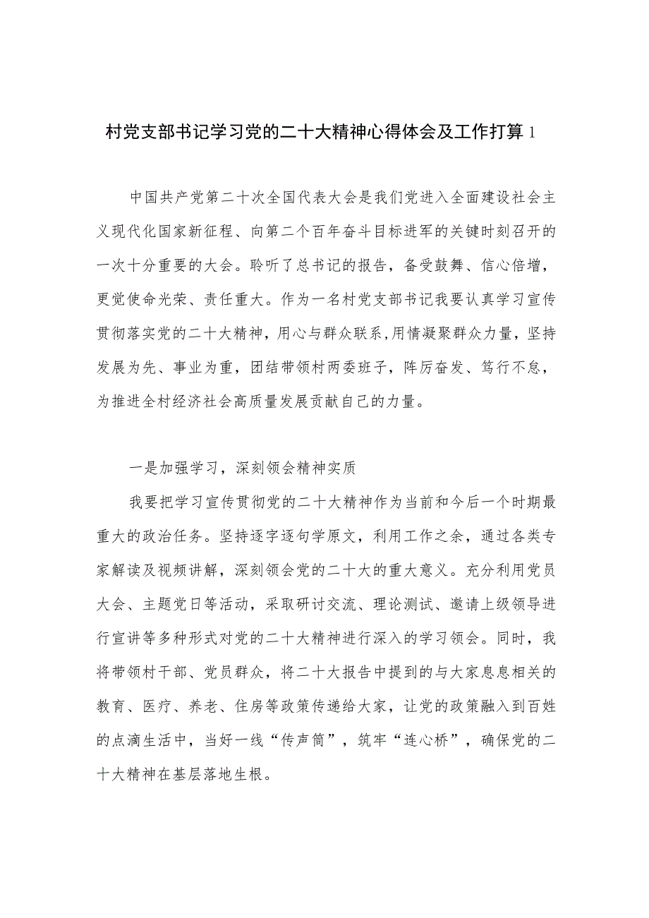 村党支部书记学习党的二十大精神心得体会研讨交流发言3篇.docx_第1页