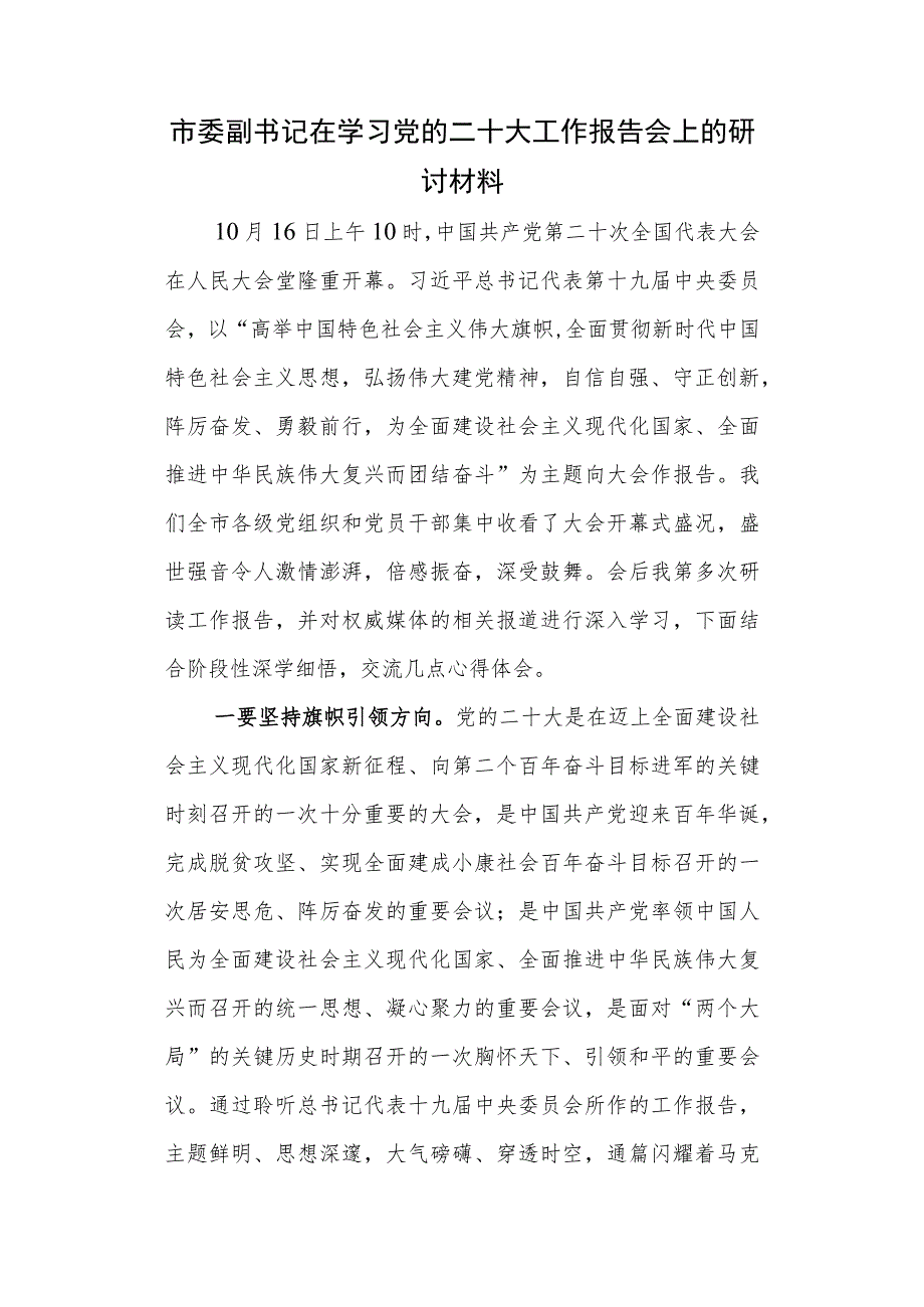 市委副书记在学习党的二十大工作报告会上的研讨材料.docx_第1页