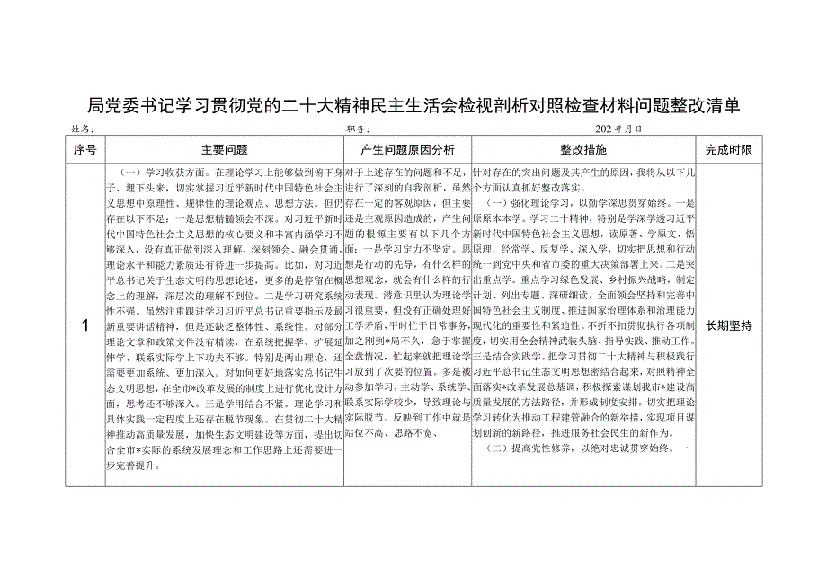 局党委书记学习贯彻党的二十大精神民主生活会检视剖析对照检查材料问题整改清单.docx_第1页